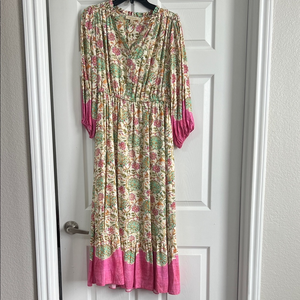 Floral Long Sleeve Dress with Pink Accents